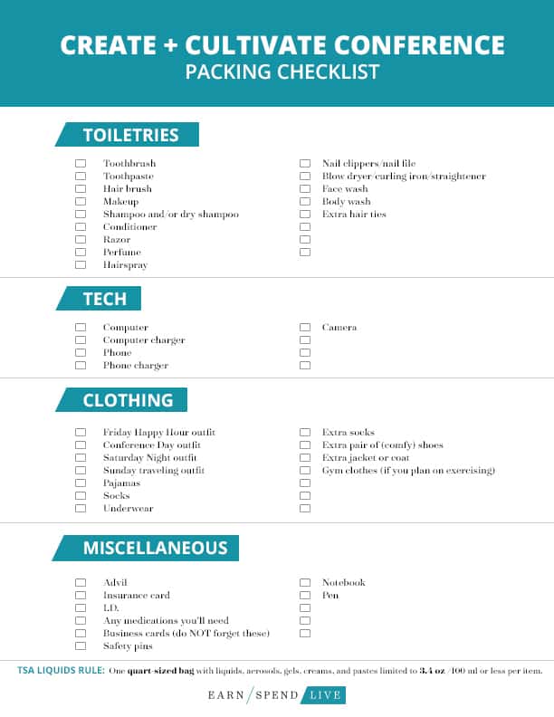 Create + Cultivate Packing Checklist