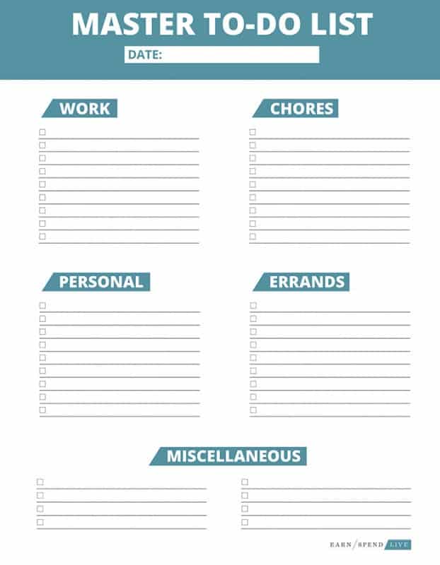 Earn Spend Live Master To Do List Printable