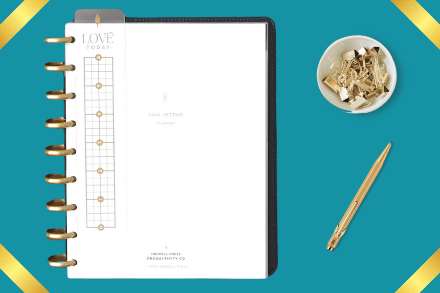 inkWELL Goal Setting Planner Insert, white cover, gold accents