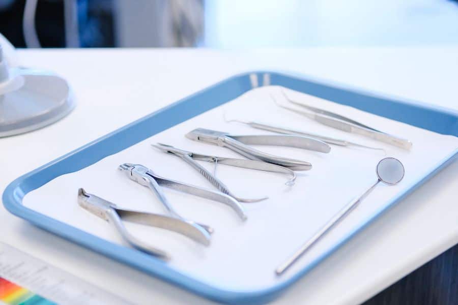 A tray of dental equipment