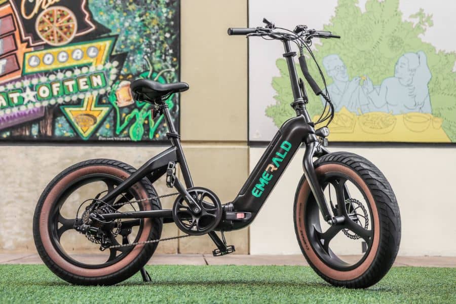 Profile view of an Emerald Ebike in front of a colorful wall