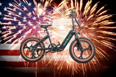 Emerald Ebike in front of American flag and firework background